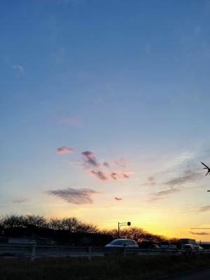 昨日の夕方、駅に向かう時に写しました。バイパス越しに見た夕焼けです。